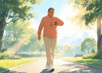 Un hombre mayor con chaqueta coral y pantalones beige camina por un sendero en un parque soleado mientras consulta su reloj inteligente.