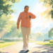 Un hombre mayor con chaqueta coral y pantalones beige camina por un sendero en un parque soleado mientras consulta su reloj inteligente.