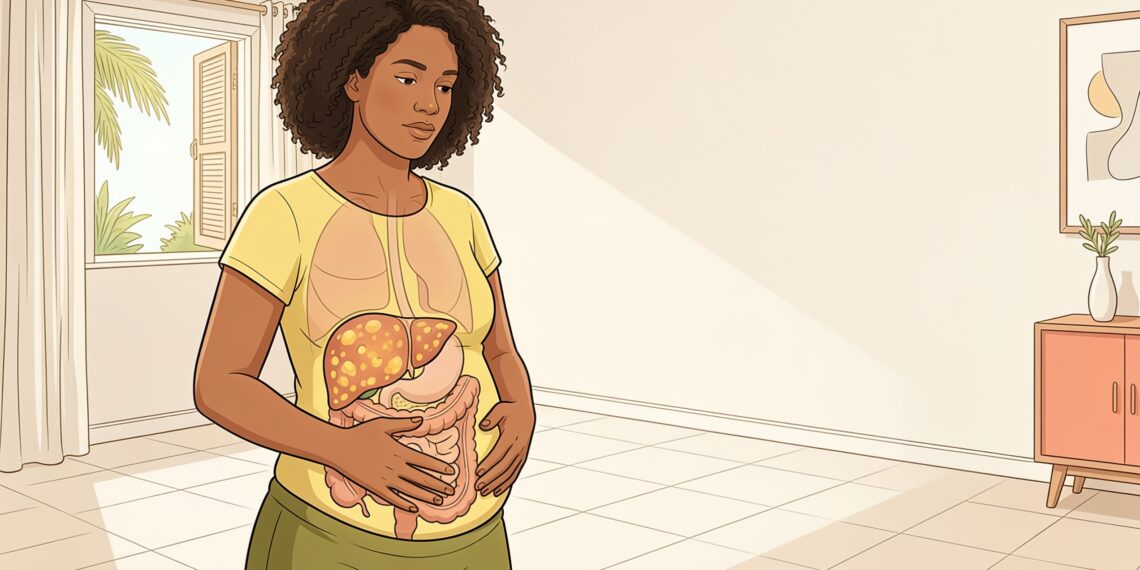 Ilustración de una mujer tocándose el abdomen hinchado con un gráfico anatómico superpuesto que resalta un hígado graso.