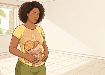 Ilustración de una mujer tocándose el abdomen hinchado con un gráfico anatómico superpuesto que resalta un hígado graso.