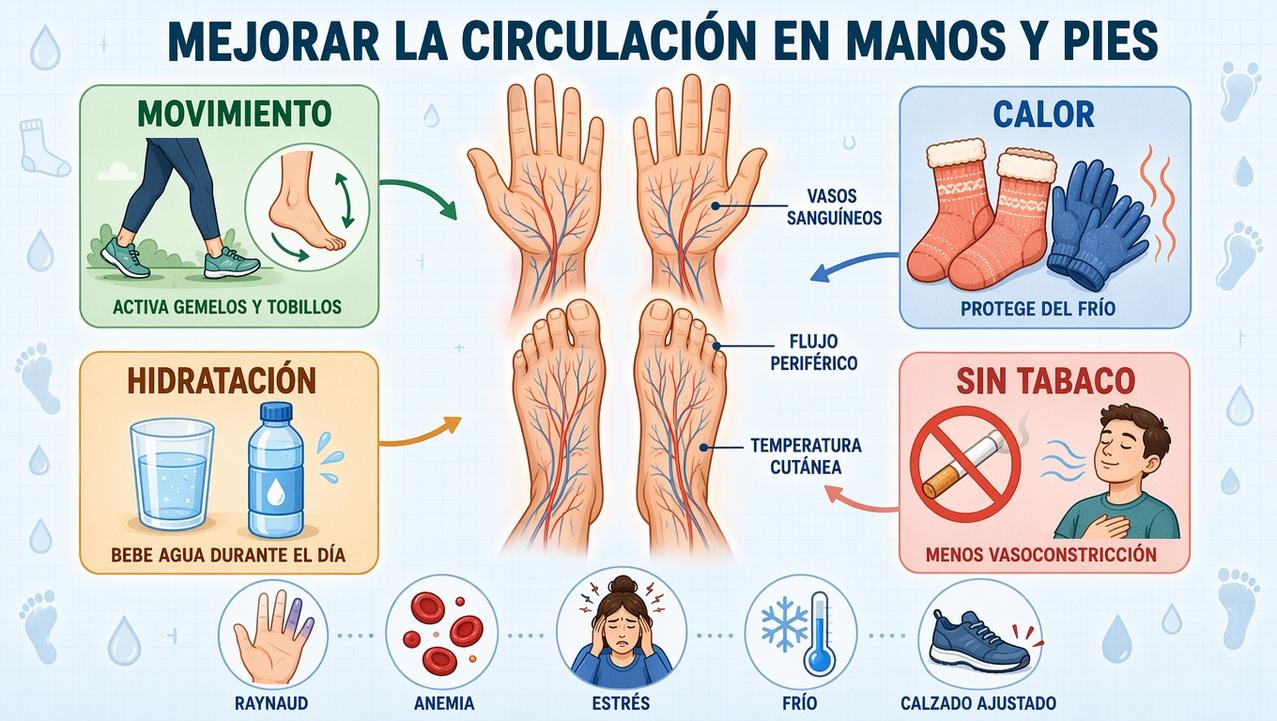 Movimiento, calor, hidratación y evitar tabaco favorecen la circulación periférica.