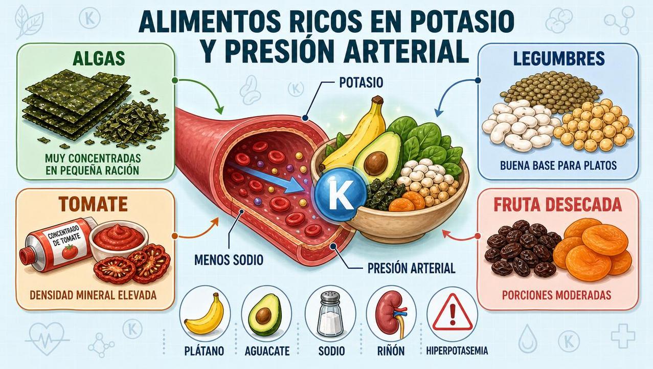 Algas, legumbres, tomate y fruta desecada: pilares del potasio dietético.