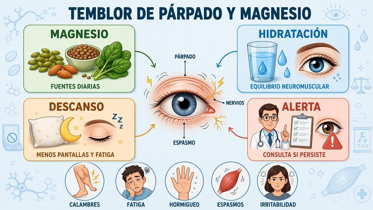 Magnesio, hidratación, descanso y alerta médica: claves frente al párpado tembloroso.