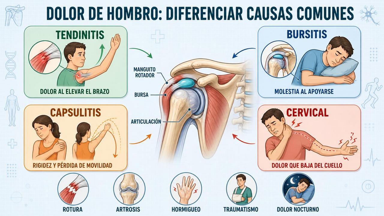 Tendinitis, bursitis, capsulitis y origen cervical: claves para distinguir el dolor.