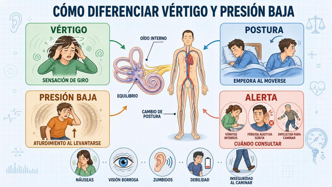 Claves visuales para diferenciar vértigo, cambios posturales, presión baja y señales de alerta.