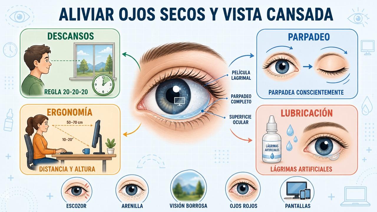 Descansos, parpadeo, ergonomía y lubricación alivian la fatiga visual digital.