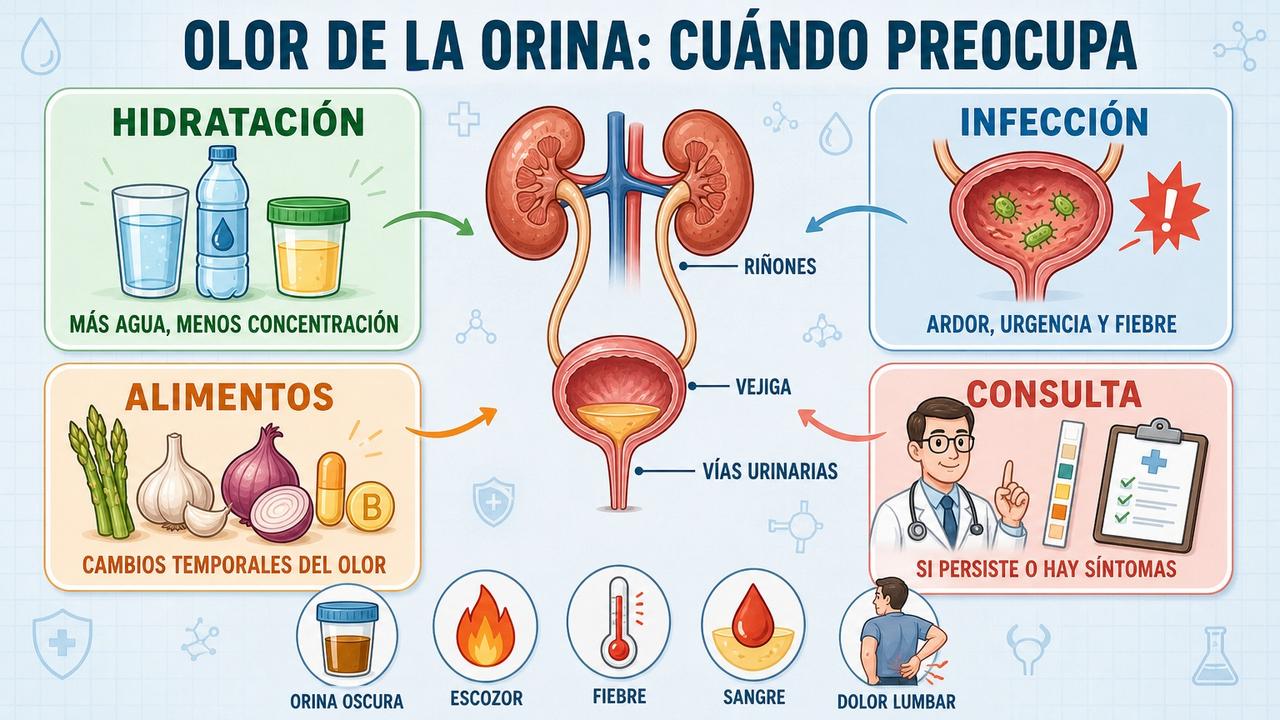 Hidratación, infección, alimentos y consulta médica orientan el olor urinario.