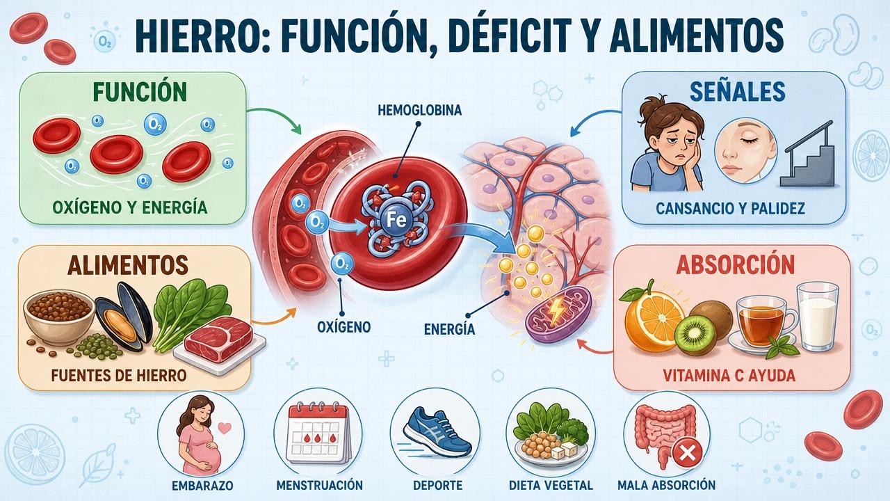 Funciones, señales, alimentos y absorción del hierro en una sola guía.