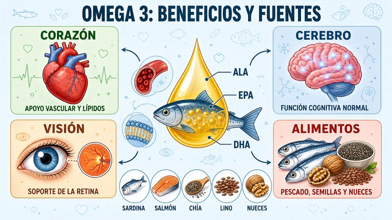 Corazón, cerebro, visión y alimentos clave resumen el papel del omega 3.