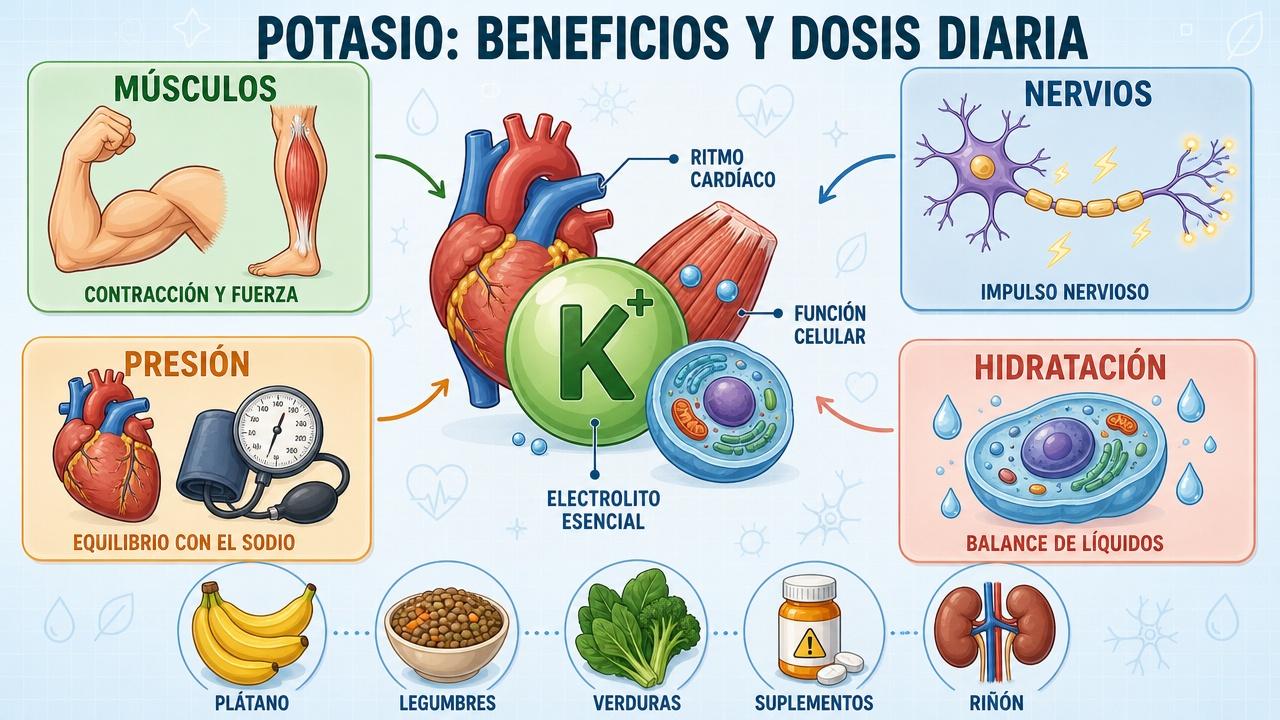 Funciones clave del potasio, fuentes alimentarias y precauciones con suplementos.