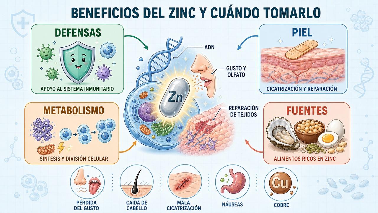 Defensas, piel, metabolismo y fuentes alimentarias resumen el papel principal del zinc.
