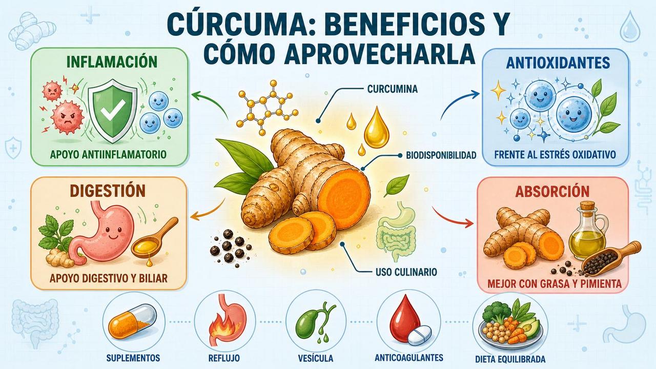 Infografía sobre inflamación, antioxidantes, digestión y mejor absorción de la cúrcuma.