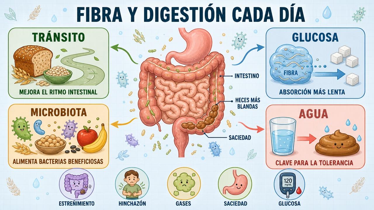 Tránsito, glucosa, microbiota e hidratación: pilares clave del efecto de la fibra.