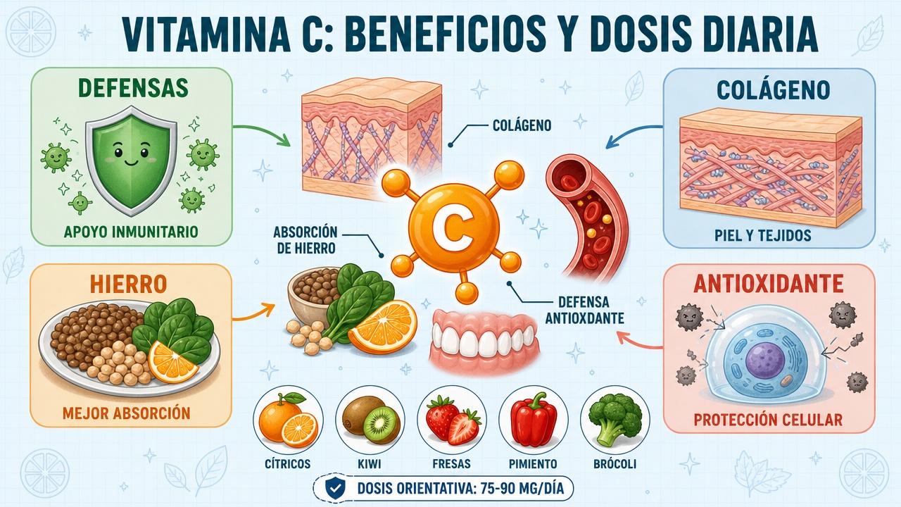 Defensas, colágeno, hierro y antioxidantes: claves visuales de la vitamina C.