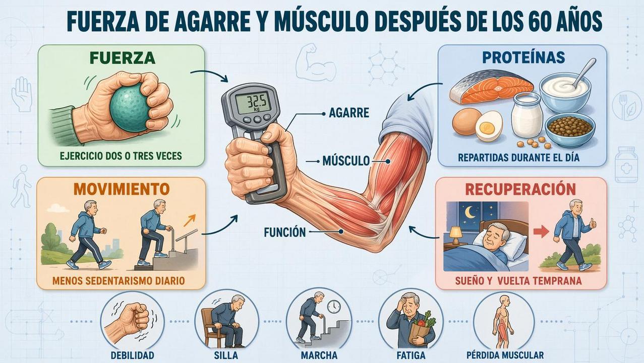 Ejercicio, proteínas, movimiento y recuperación sostienen músculo y agarre con los años.