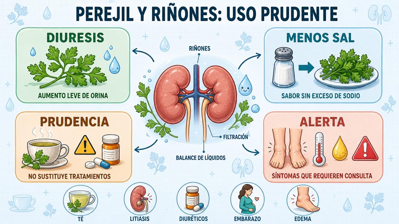 Diuresis, menos sal, prudencia y señales de alerta con perejil.