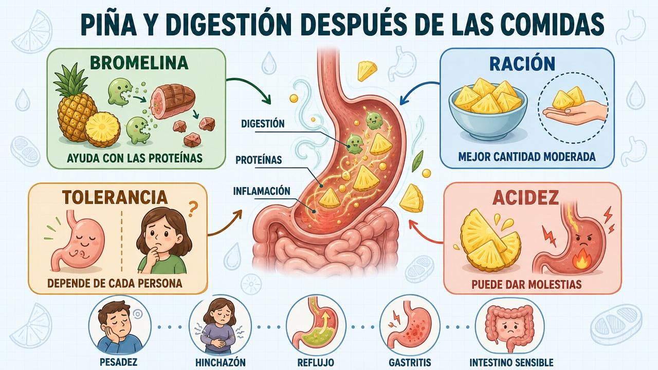Bromelina, ración, tolerancia y acidez: claves digestivas de la piña.