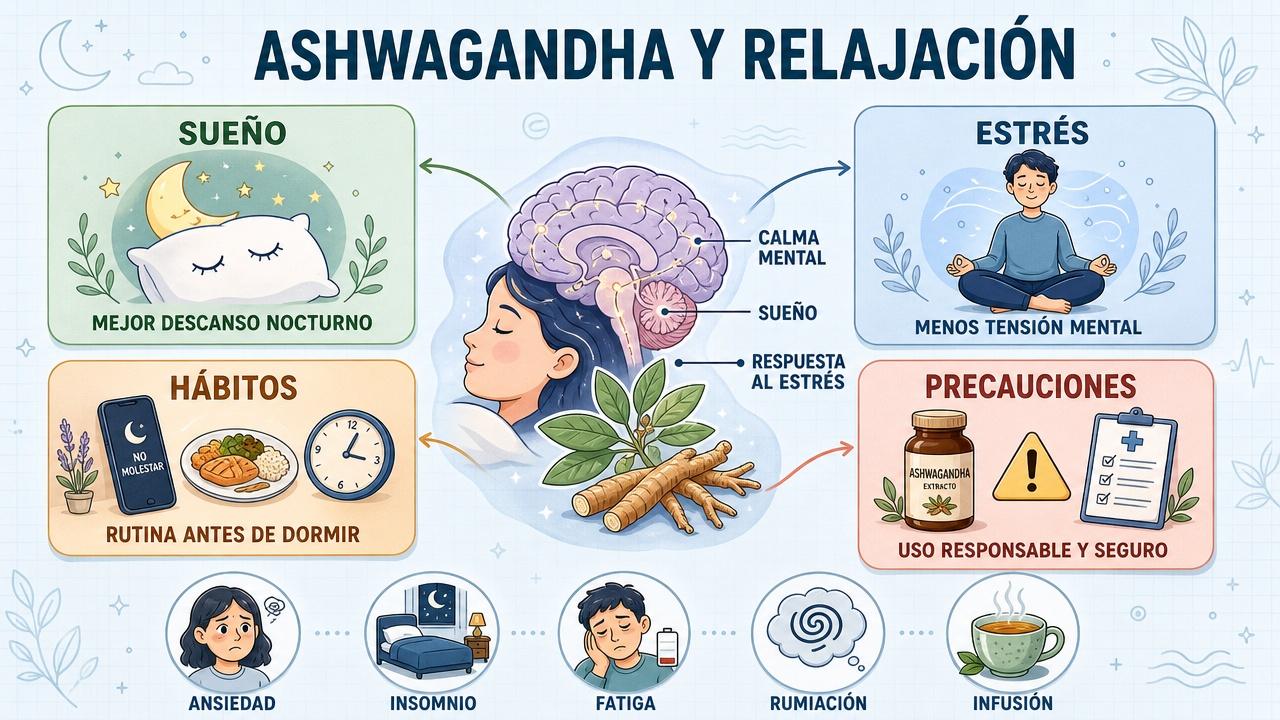 Sueño, estrés, hábitos y precauciones resumen el uso responsable de ashwagandha.