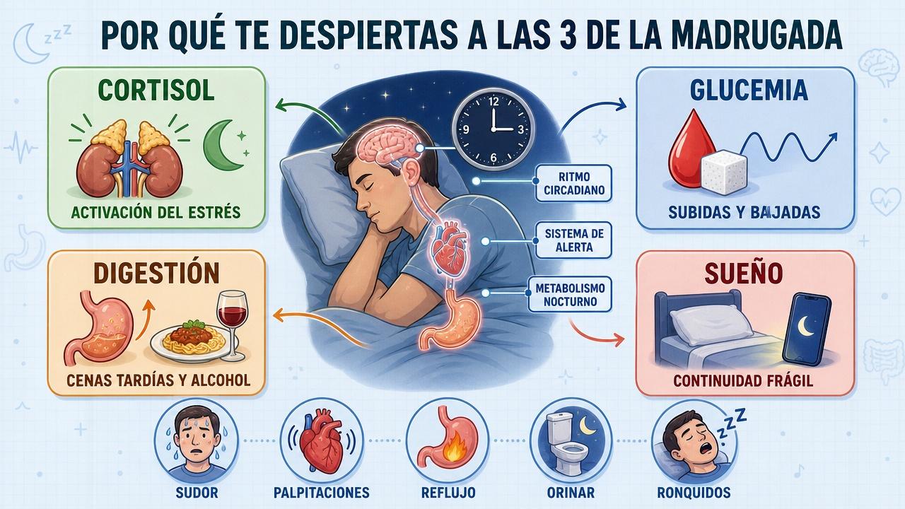 Cortisol, glucemia, digestión y continuidad del sueño explican muchos despertares nocturnos.