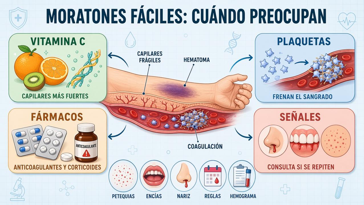 Vitamina C, plaquetas, fármacos y señales de alarma explican los moratones.