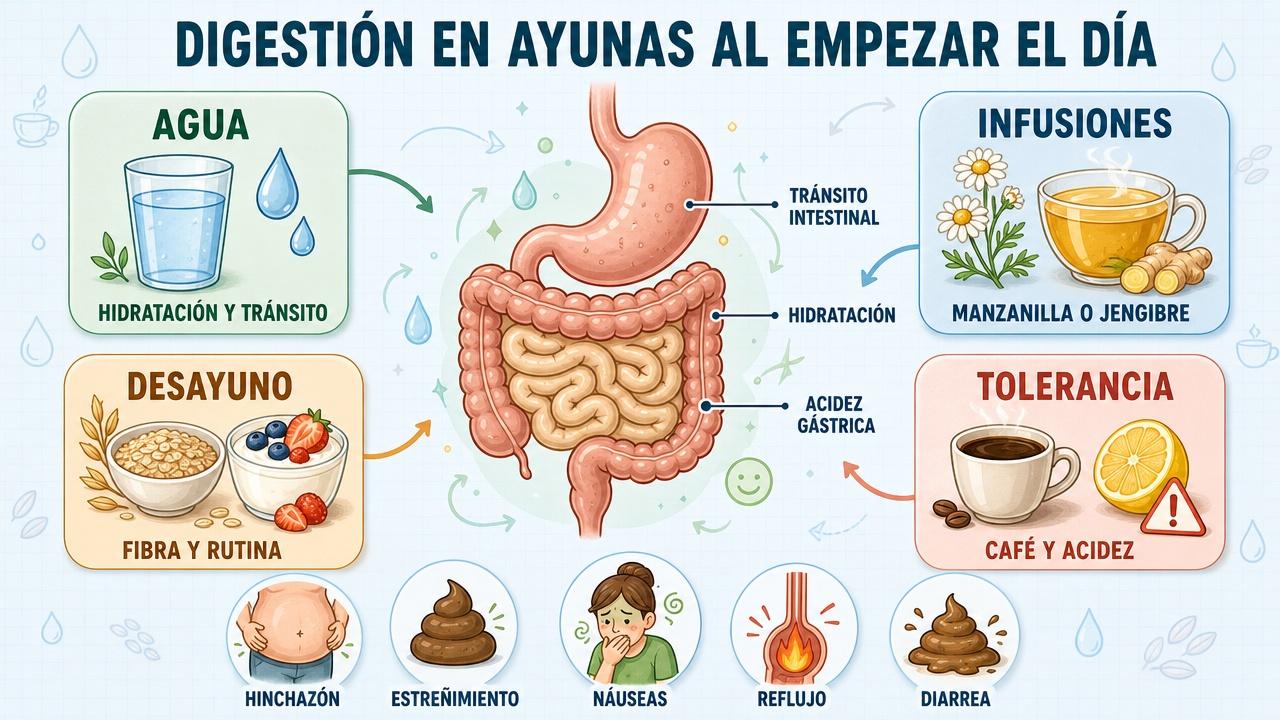 Hidratación, infusiones, desayuno y tolerancia personal guían la digestión matutina.