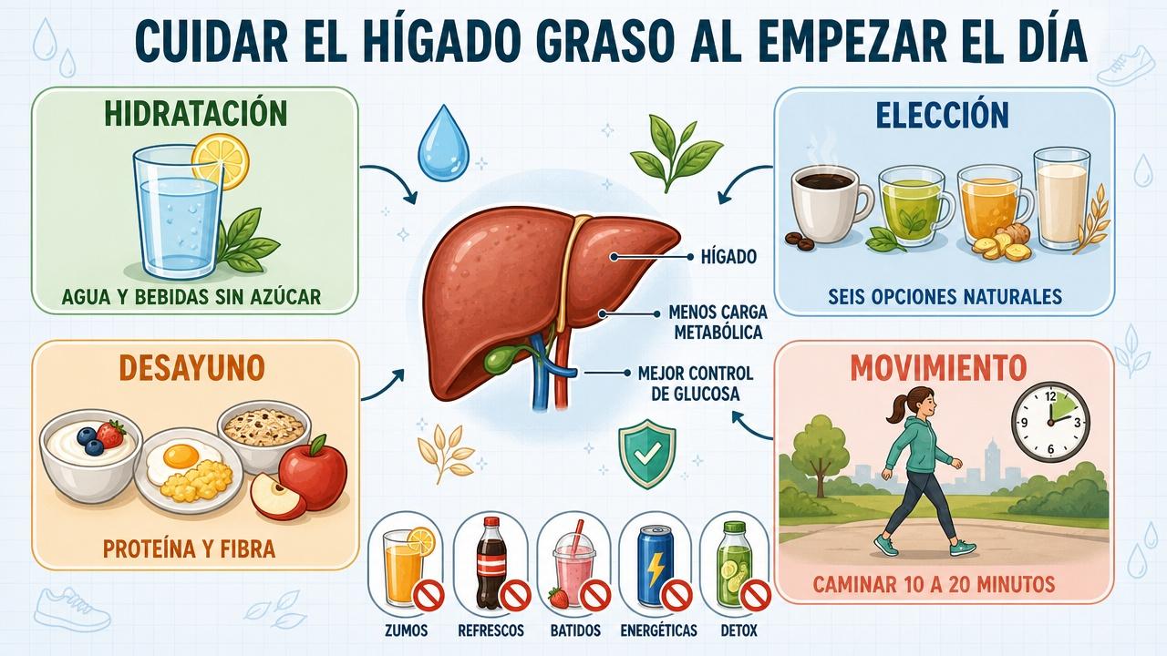 Hidratación, elección de bebidas, desayuno sano y movimiento protegen la salud hepática.