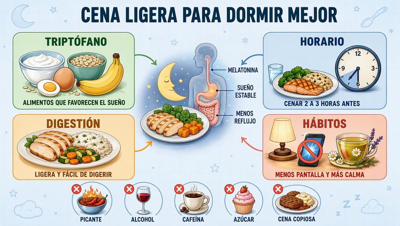 Triptófano, horario, digestión y hábitos nocturnos sostienen una cena que ayuda a dormir.