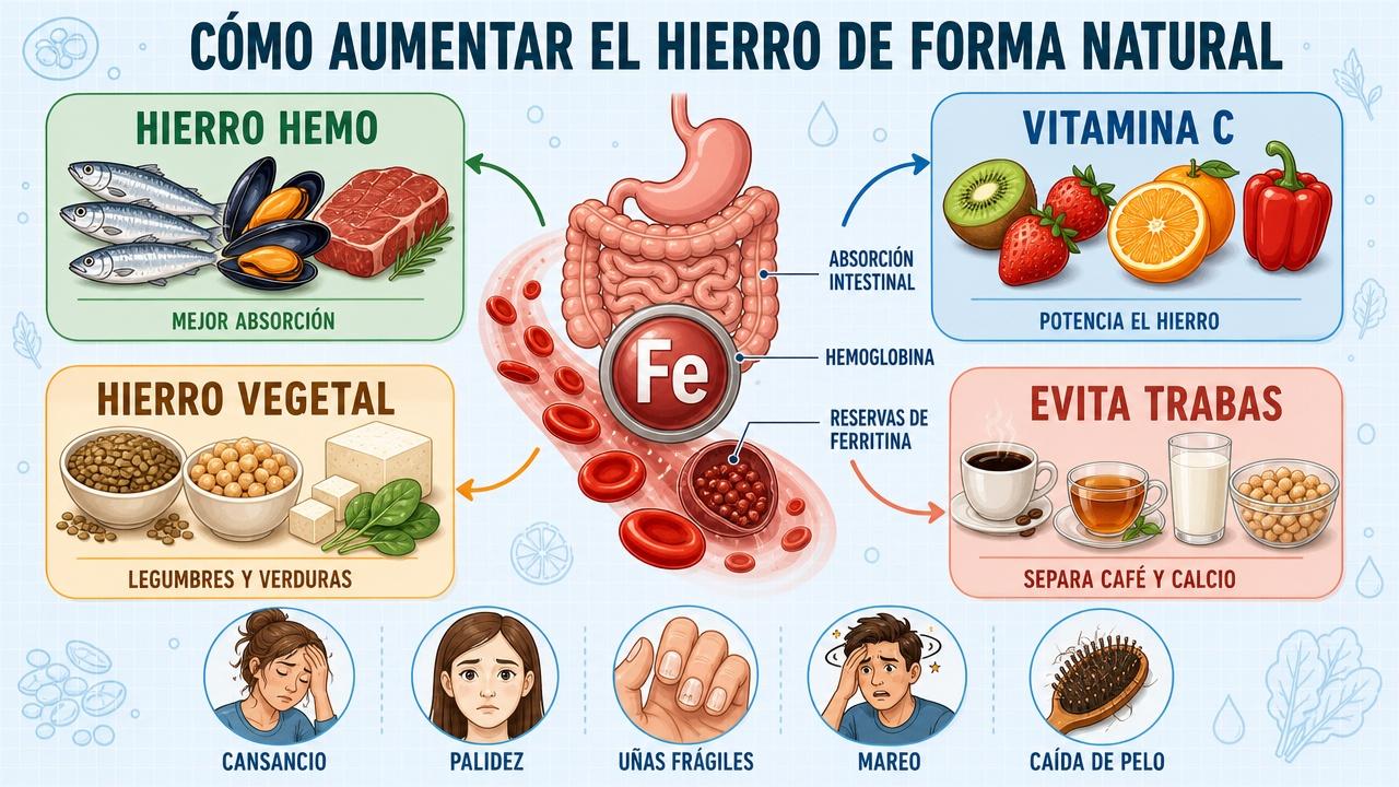 Cuatro claves dietéticas para aumentar el hierro y favorecer su absorción.