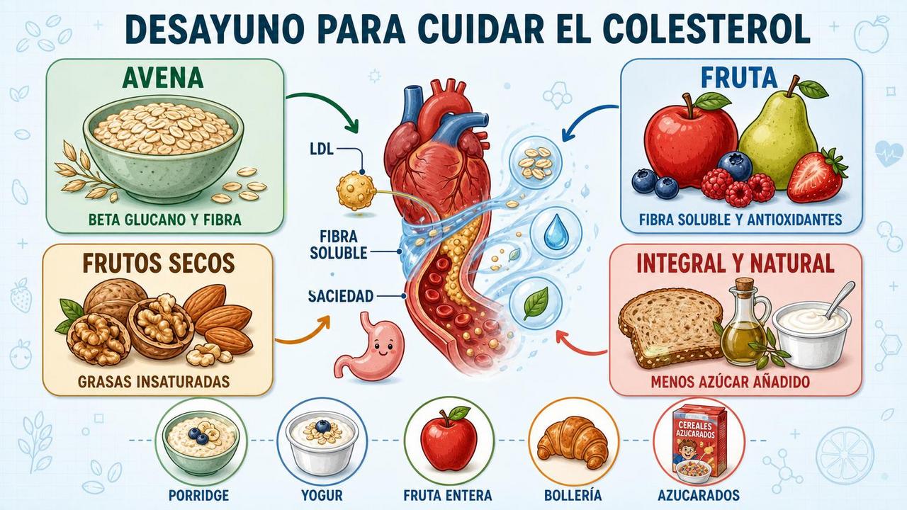 Avena, fruta, frutos secos e integrales: pilares del desayuno cardiosaludable.