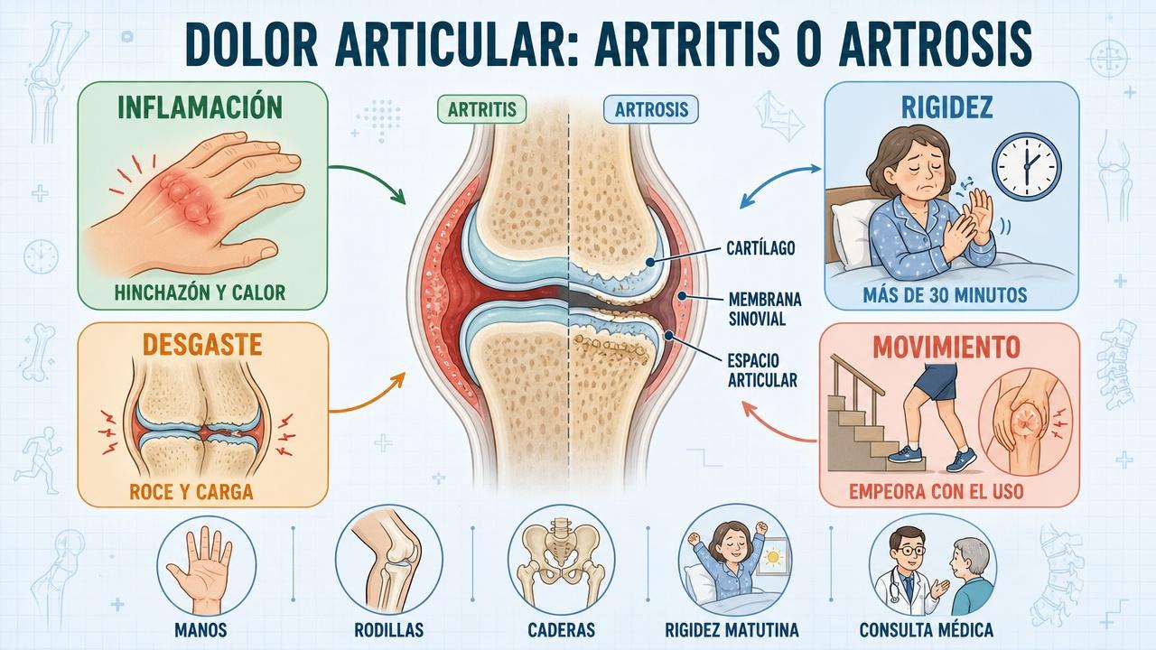 Inflamación, rigidez, desgaste y movimiento ayudan a distinguir artritis y artrosis.