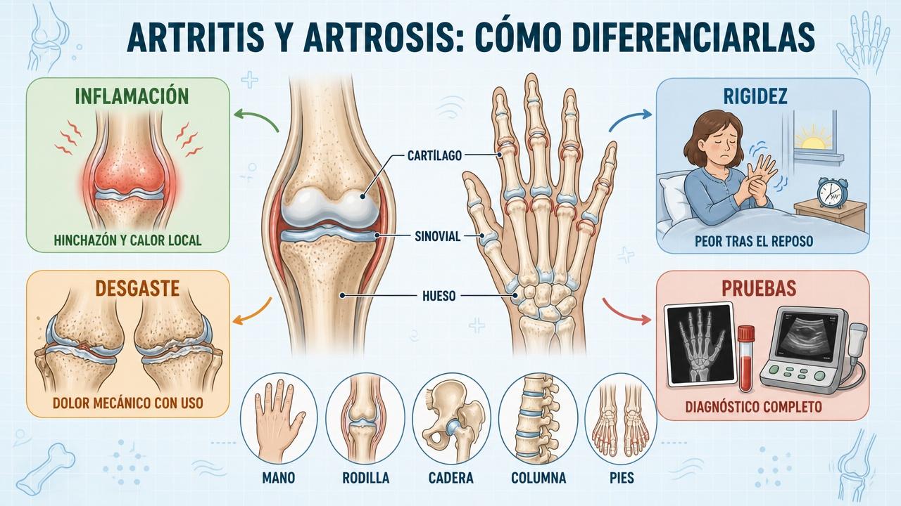 Inflamación, rigidez, desgaste y pruebas orientan el diagnóstico articular correcto.