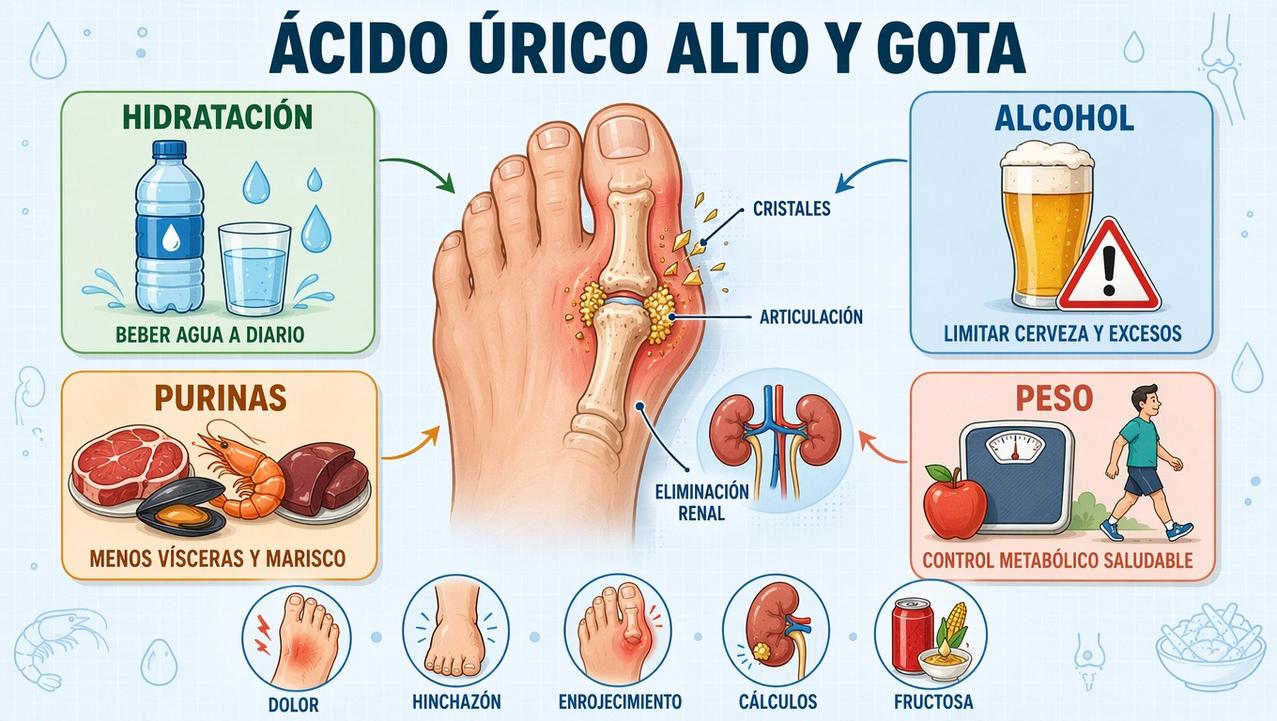 Hidratación, control del peso y menos purinas ayudan a prevenir brotes.