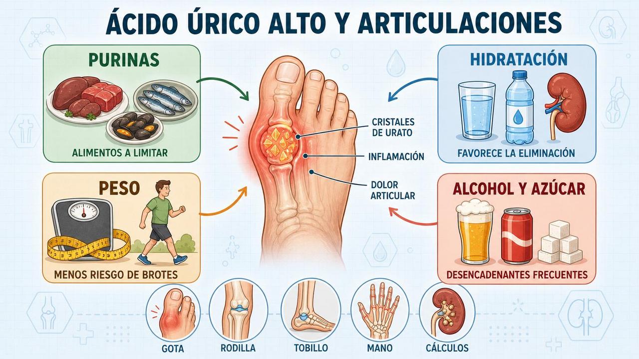 Purinas, hidratación, peso y alcohol influyen en los brotes de gota.