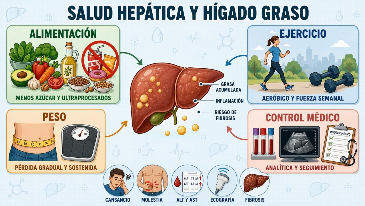 Alimentación, ejercicio, peso y control médico protegen la salud hepática.