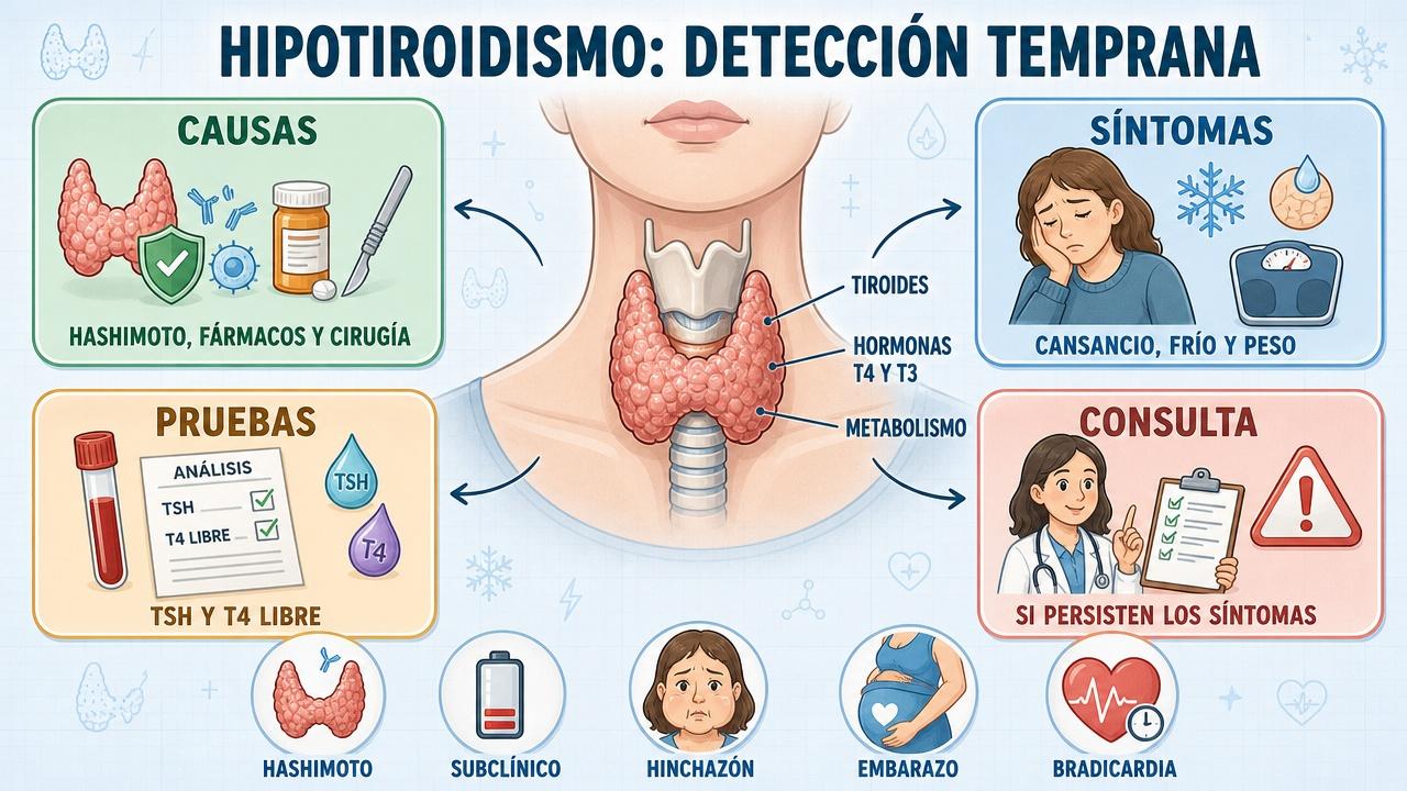 Causas, síntomas, pruebas y consulta para detectar hipotiroidismo a tiempo.