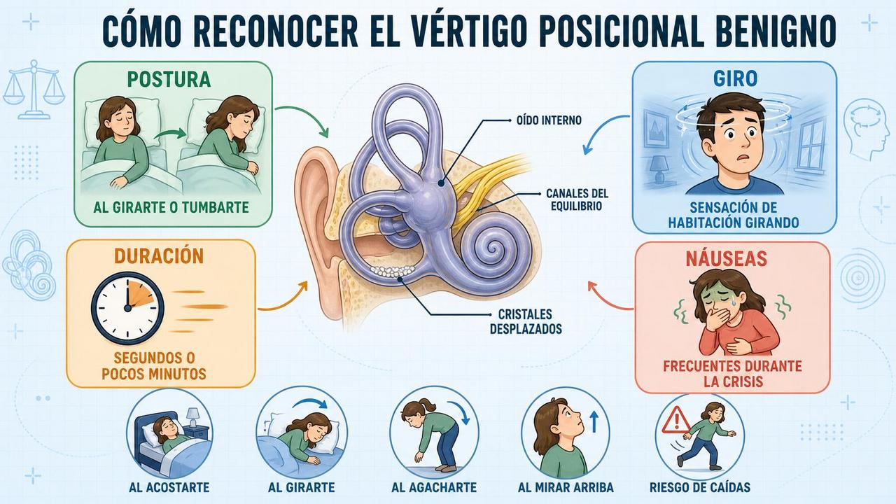 Postura, giro, duración y náuseas orientan hacia un origen vestibular.