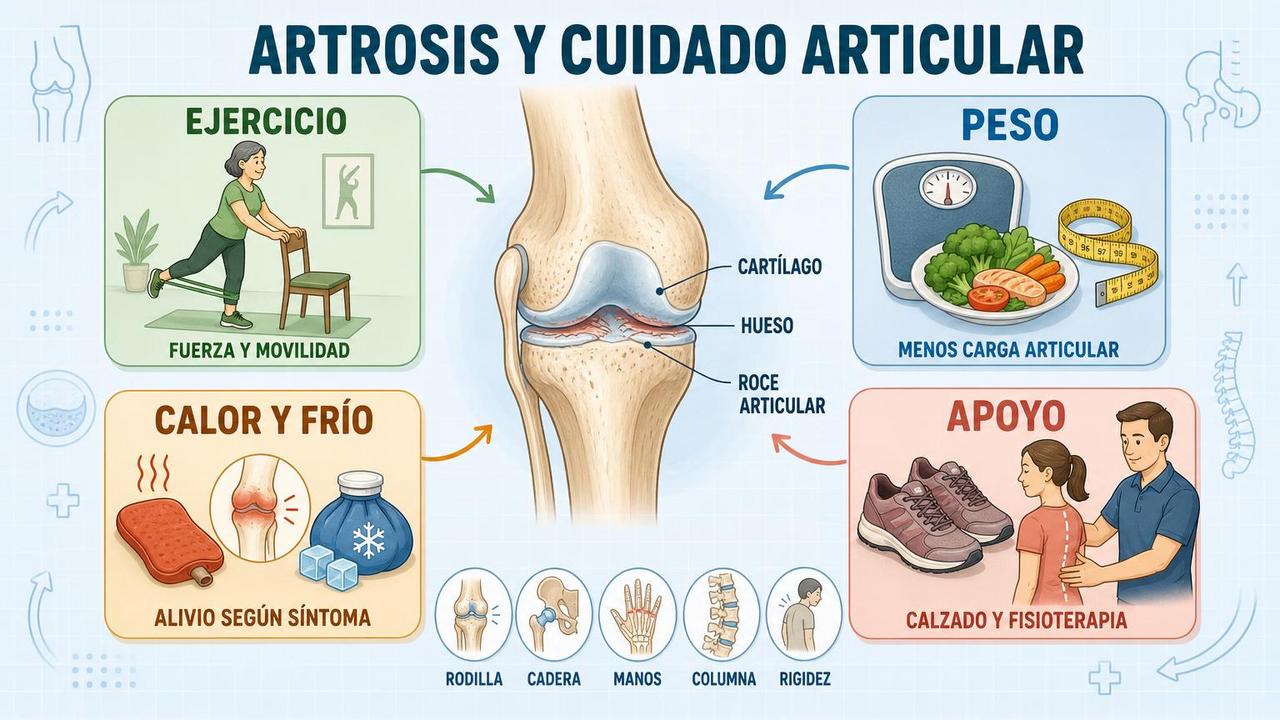 Ejercicio, control del peso, alivio local y apoyo protegen la articulación.