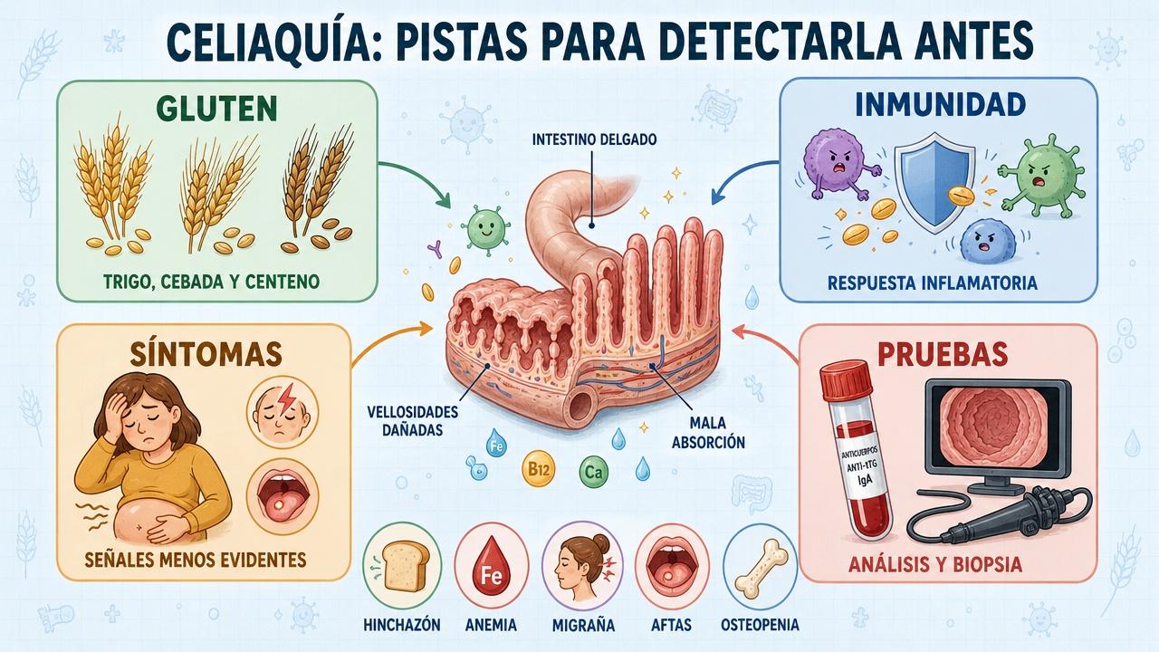 Gluten, inmunidad, síntomas y pruebas: claves para sospechar celiaquía antes.