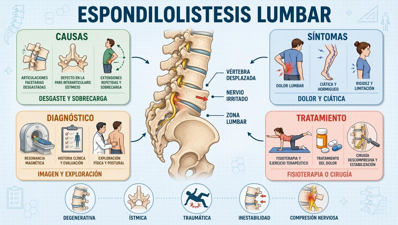 Causas, síntomas, diagnóstico y tratamiento de la espondilolistesis lumbar.