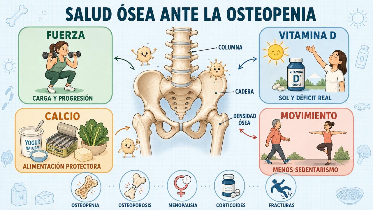 Cuatro pilares frente a la osteopenia: fuerza, calcio, vitamina D y movimiento.