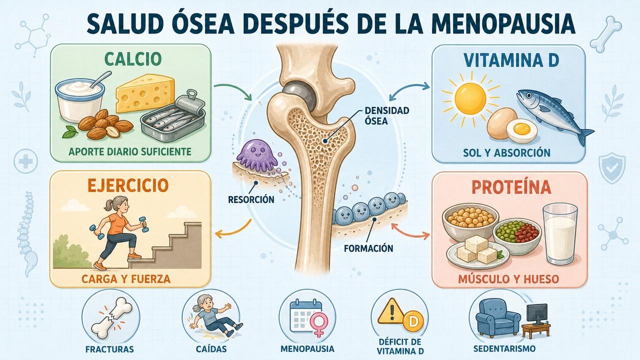 Calcio, vitamina D, ejercicio y proteína sostienen la prevención de la osteoporosis.