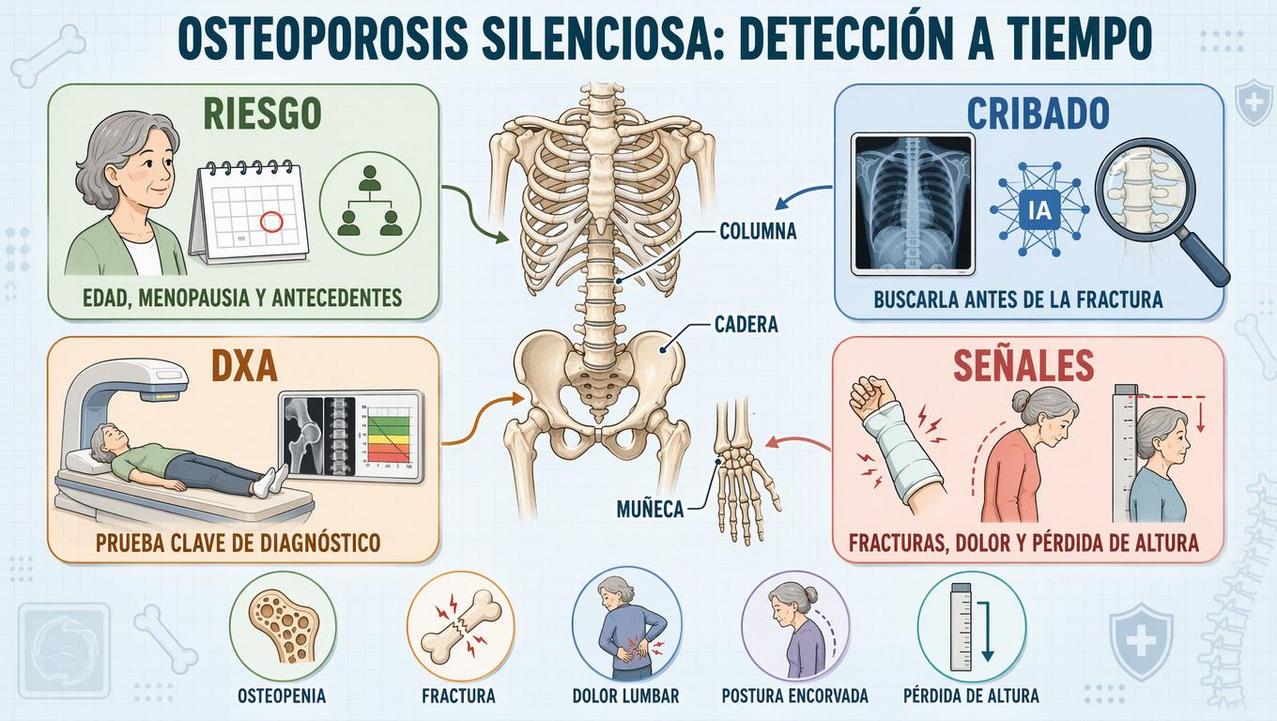 Riesgo, cribado, DXA y señales clave para detectar osteoporosis precozmente.