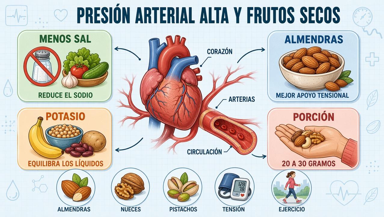Menos sal, almendras, potasio y porciones moderadas favorecen la presión arterial.