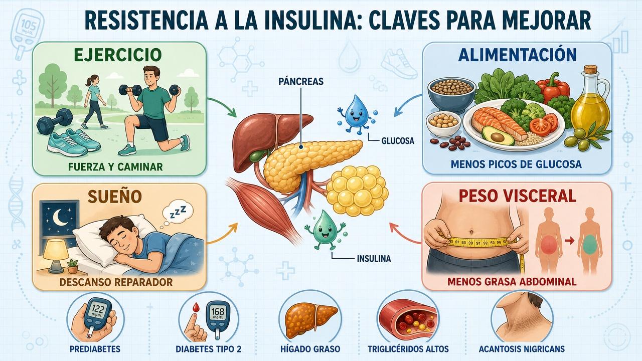 Ejercicio, alimentación, sueño y grasa visceral marcan la mejora metabólica.