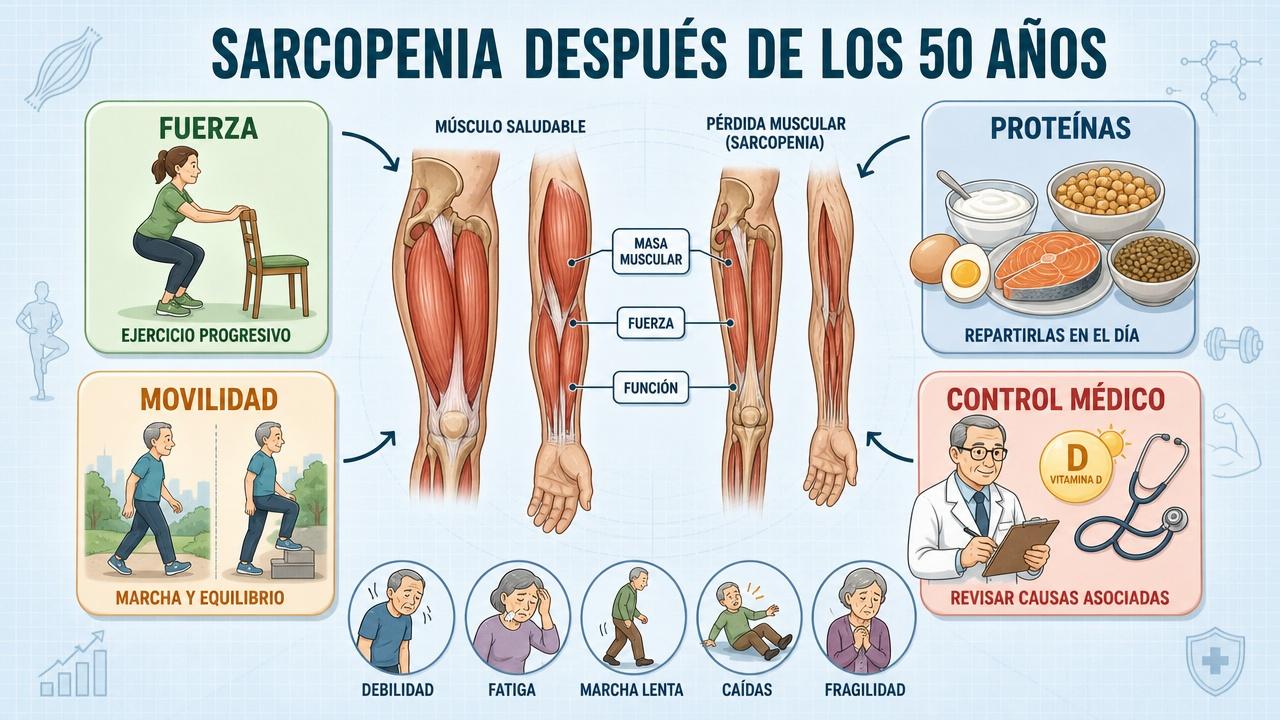 Cuatro pilares frente a la sarcopenia: fuerza, proteínas, movilidad y control médico.