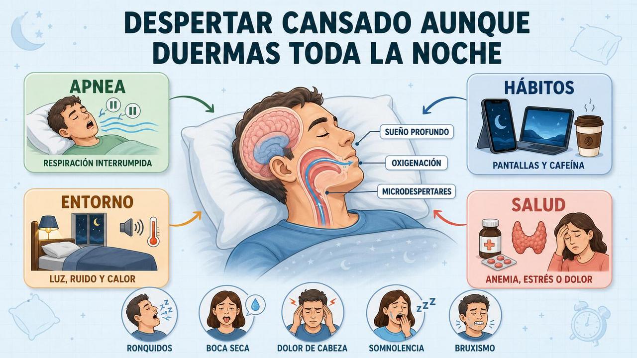 Apnea, hábitos, entorno y salud explican la fatiga matutina persistente.