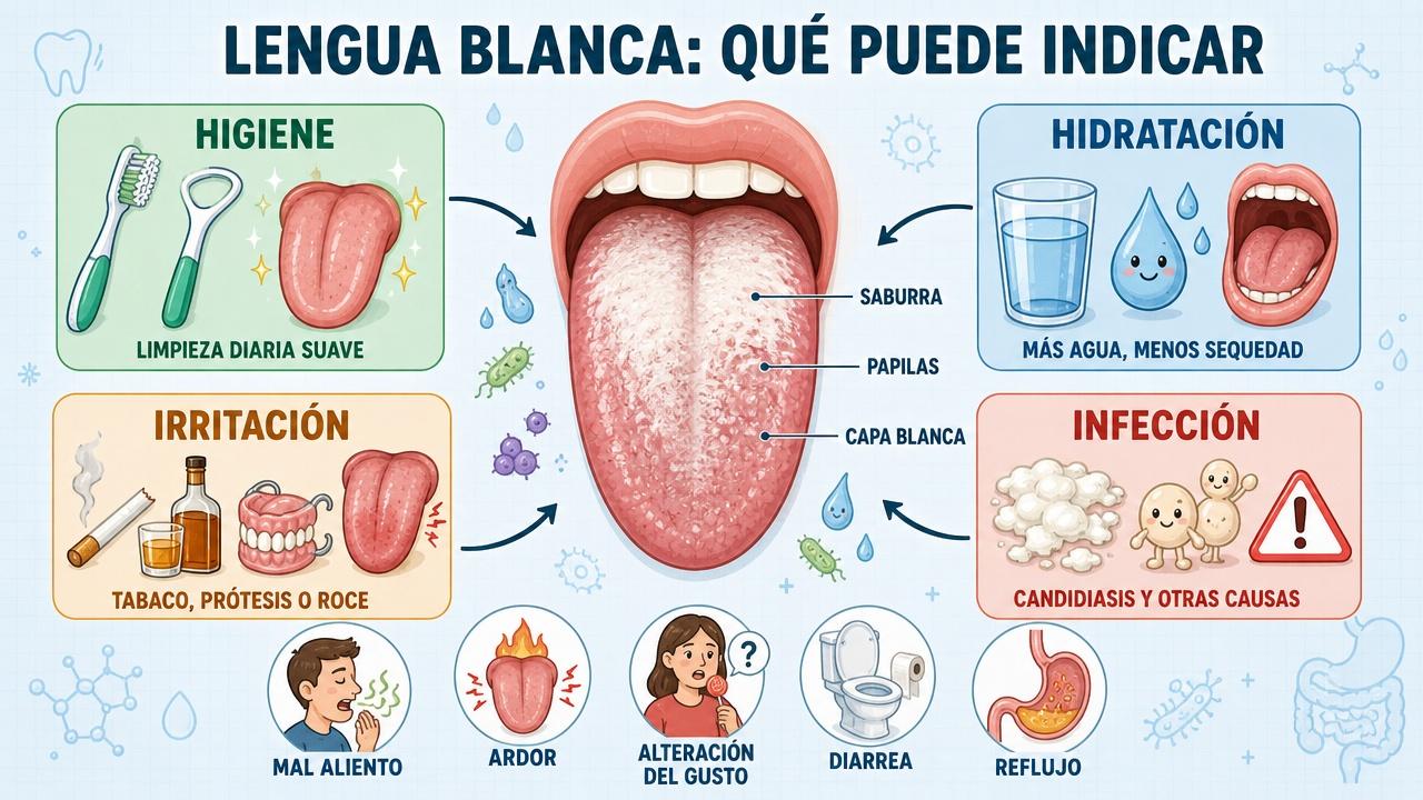 Higiene, hidratación, irritación e infección orientan las causas de la lengua blanca.