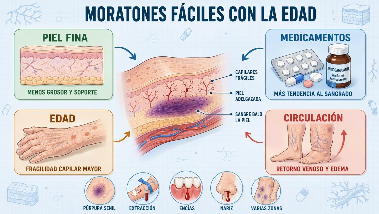 Edad, piel fina, medicamentos y circulación explican muchos moratones frecuentes.