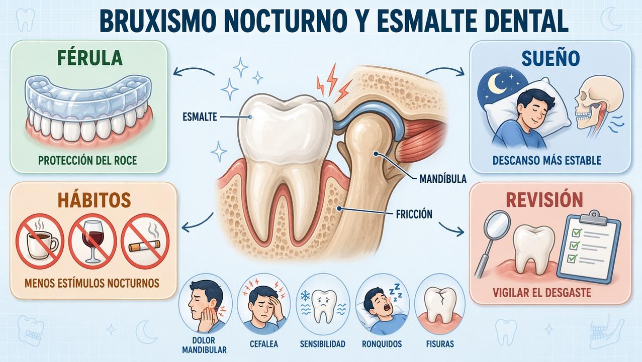 Férula, sueño, hábitos y revisión ayudan a proteger dientes y mandíbula.