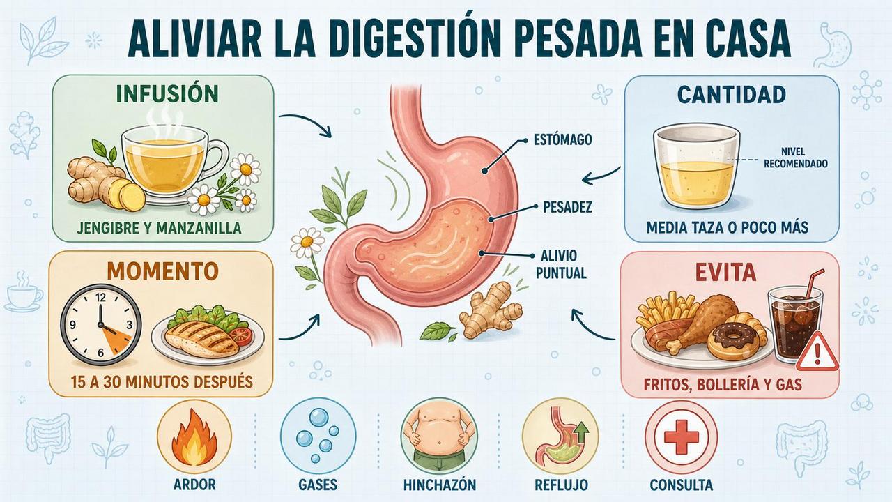 Infusión, cantidad, momento y alimentos a evitar para digestiones pesadas.